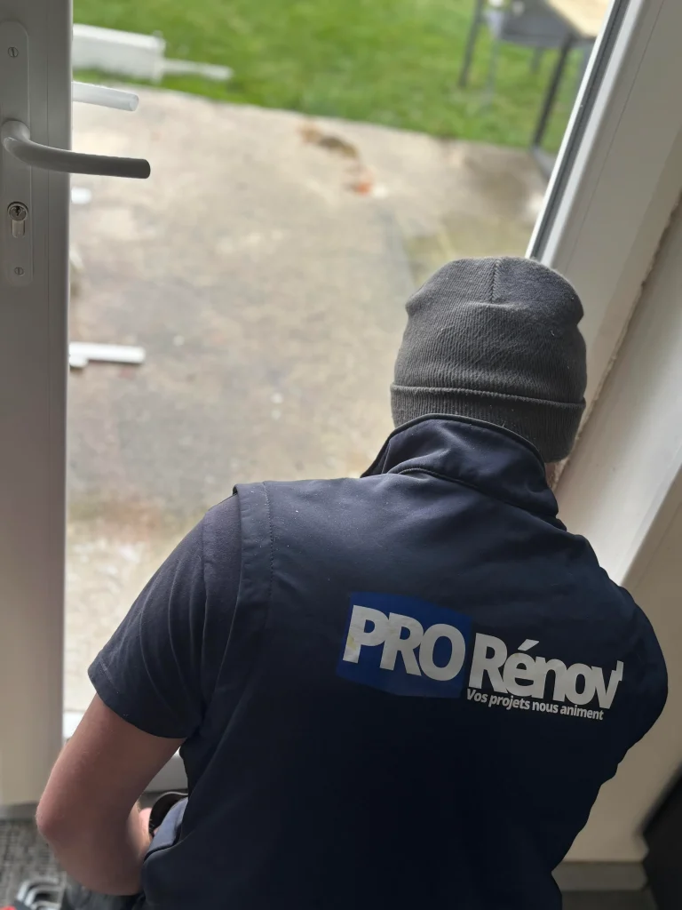 Employé Pro Renov en train de changer une porte d'entrée.